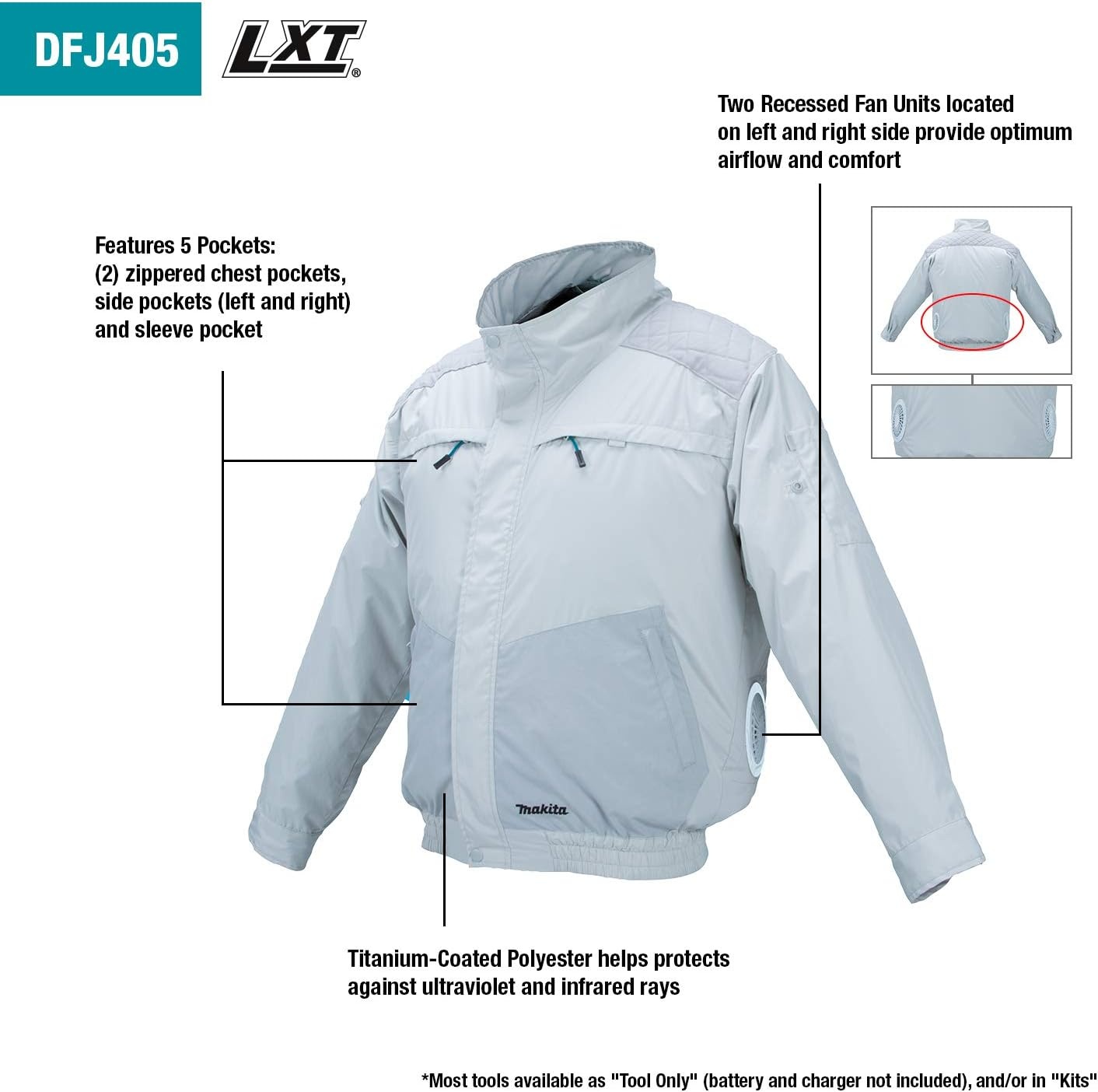 image:imageMakita DFJ405ZL 18V LXT LithiumIon Cordless UV Resistant Fan Jacket Jacket Only LLarge
