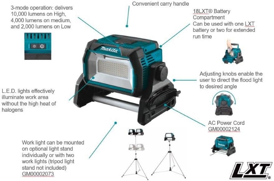 image:imageMakita DML809 18V X2 LXT LithiumIon CordlessCorded Work Light Light OnlyWork Light