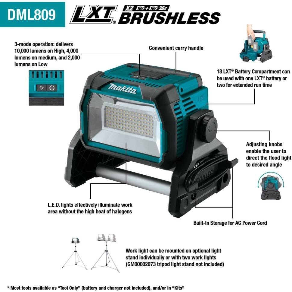 image:imageMakita DML809 18V X2 LXT LithiumIon CordlessCorded Work Light Light OnlyWork Light