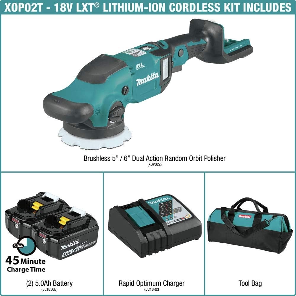 image:imageMakita XOP02T 18V LXT LithiumIon Brushless Cordless 5 6 Dual Action Random Orbit Polisher Kit 50AhKit