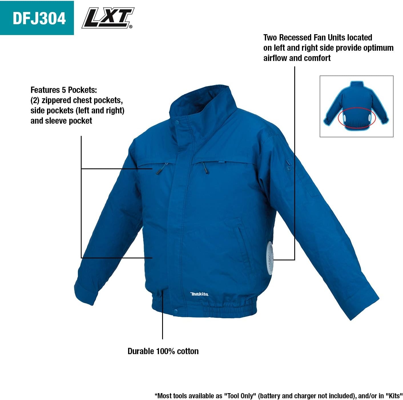 image:imageMakita DFJ304ZS 18V LXT LithiumIon Cordless Cotton Fan Jacket Jacket Only SMedium