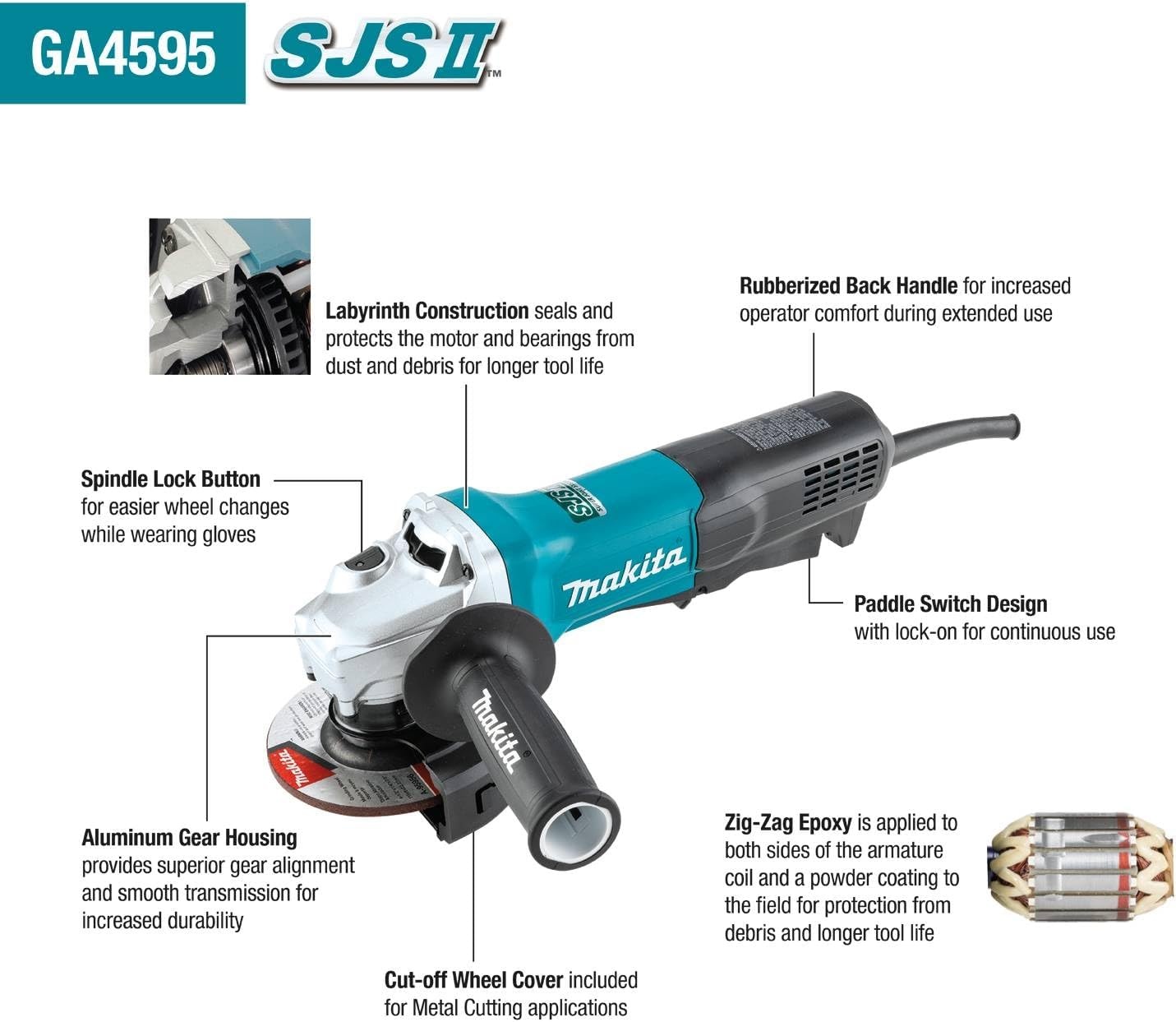 image:imageMakita GA4595 412 SJSII HighPower Angle Grinder Paddle Switch