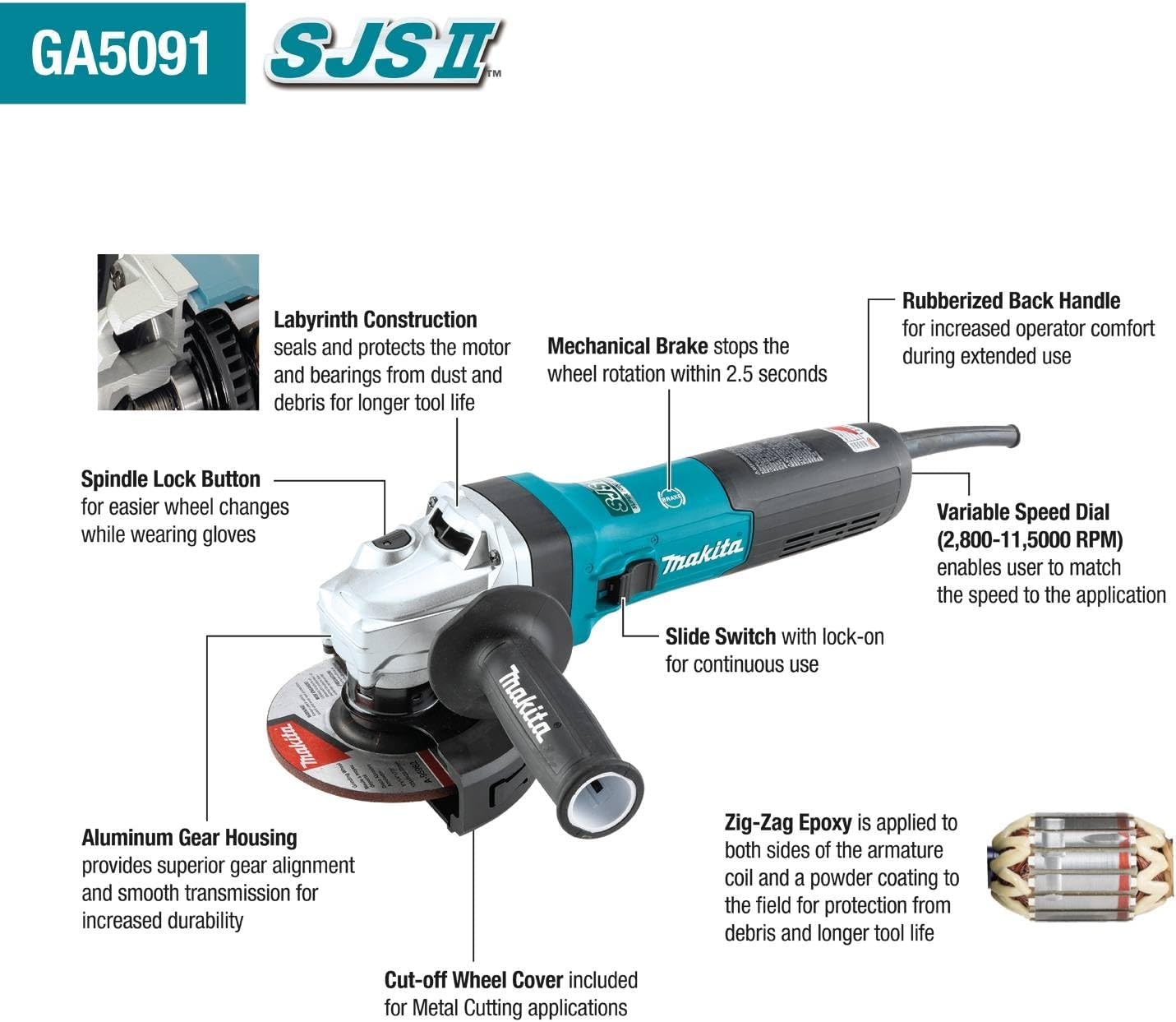 image:imageMakita GA5091 5 SJSII HighPower Angle Grinder wBrake