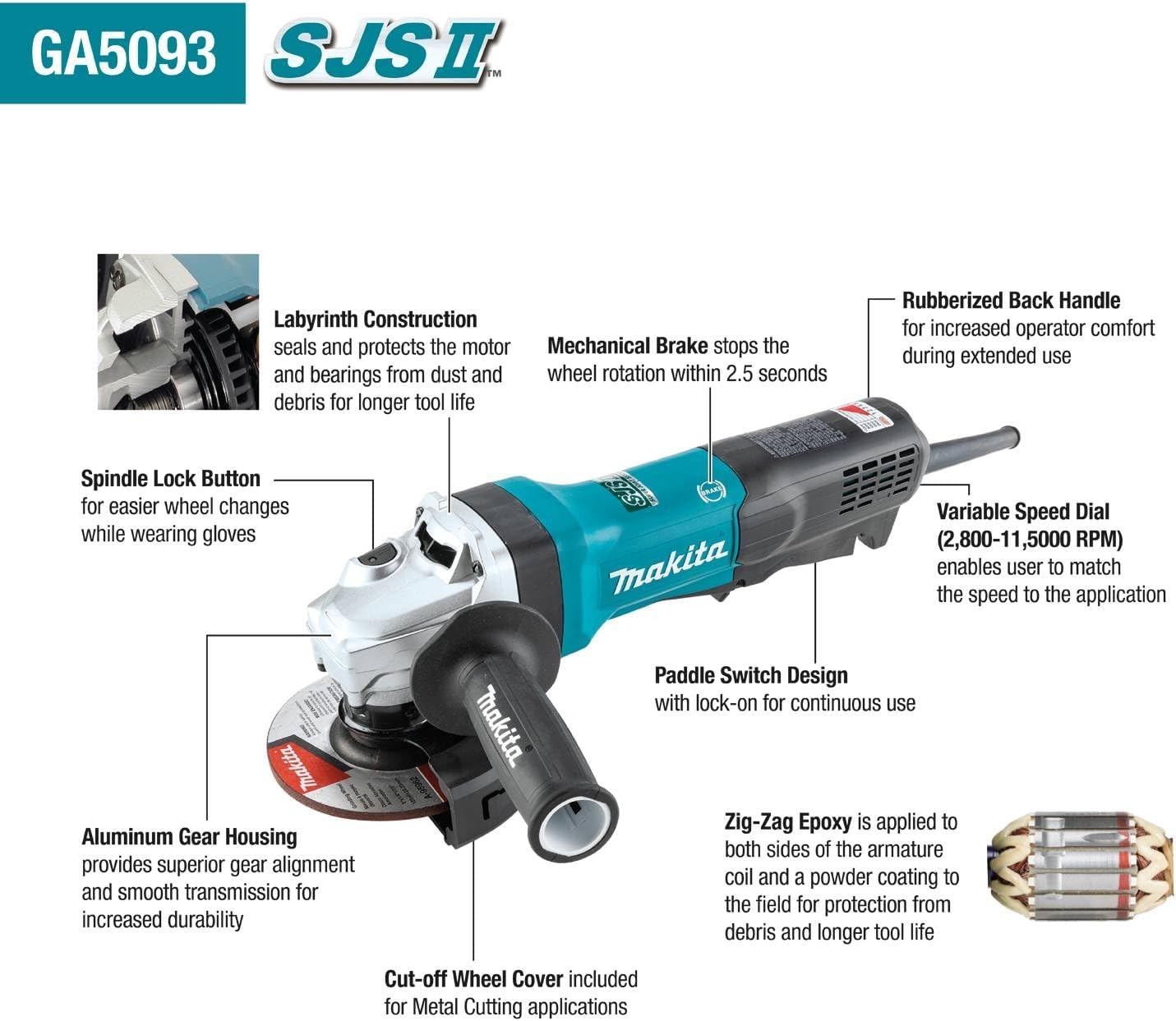 image:imageMakita GA5093 5 SJSII HighPower Angle Grinder Paddle Switch wBrake