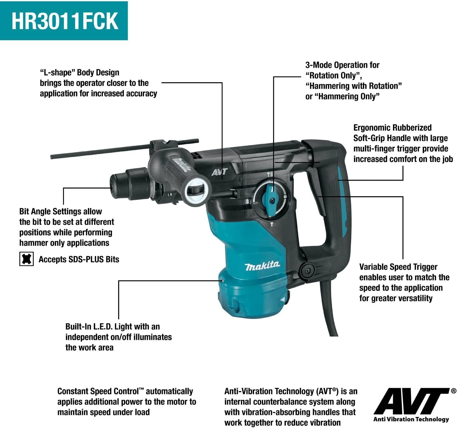 image:imageMakita HR3011FCK 1316 AVT Rotary Hammer accepts SDSPLUS bits LShapeRotary Hammer