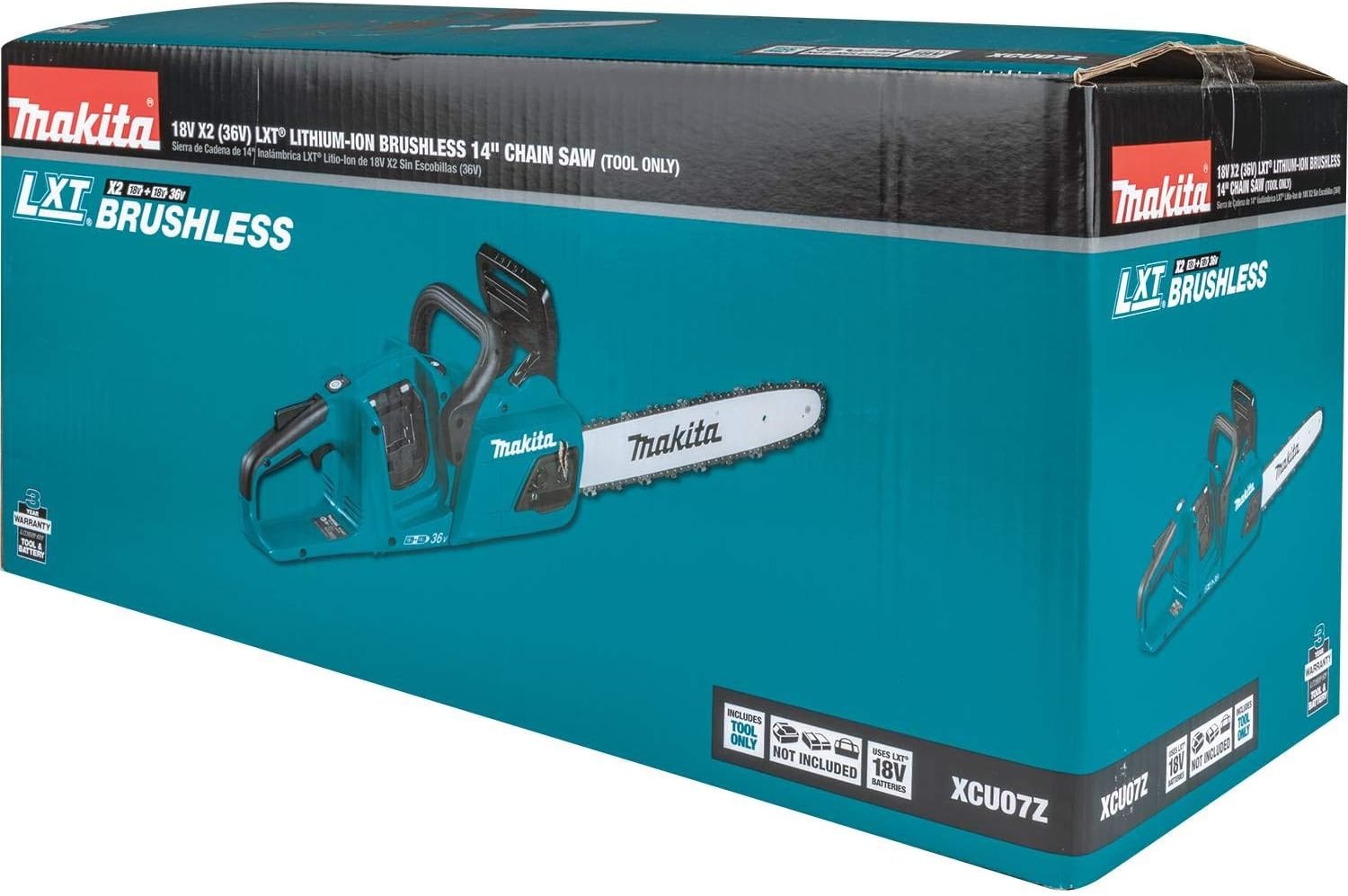 image:imageMakita XCU07Z 18V X2 36V LXT LithiumIon Brushless Cordless 14 Chain Saw Tool Only Teal 36V X2 LXT Platform Variable Speed Trigger Automatic Chain Oiler Chain Brake Outdoor Cutting Battery Not IncludedTool Only