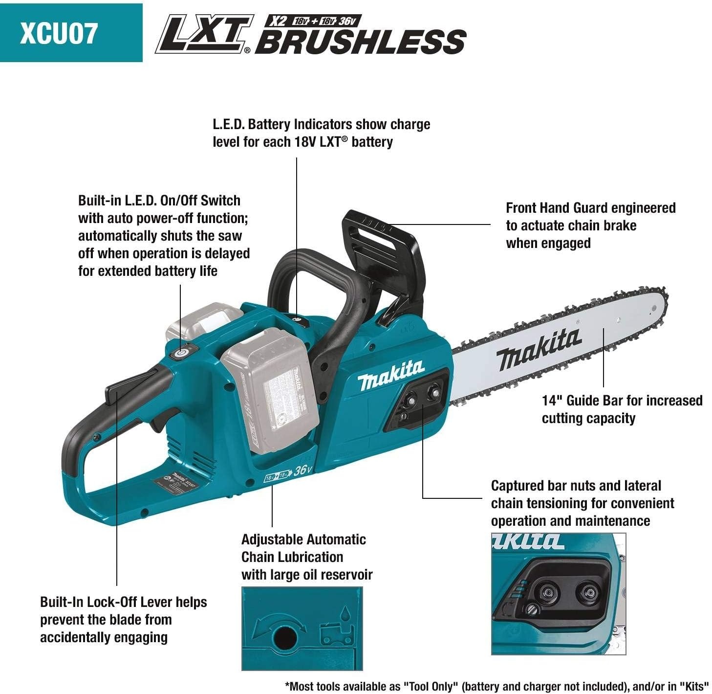image:imageMakita XCU07Z 18V X2 36V LXT LithiumIon Brushless Cordless 14 Chain Saw Tool Only Teal 36V X2 LXT Platform Variable Speed Trigger Automatic Chain Oiler Chain Brake Outdoor Cutting Battery Not IncludedTool Only