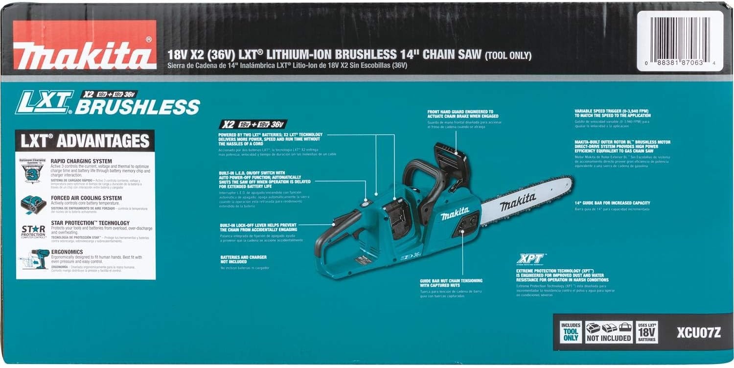 image:imageMakita XCU07Z 18V X2 36V LXT LithiumIon Brushless Cordless 14 Chain Saw Tool Only Teal 36V X2 LXT Platform Variable Speed Trigger Automatic Chain Oiler Chain Brake Outdoor Cutting Battery Not IncludedTool Only