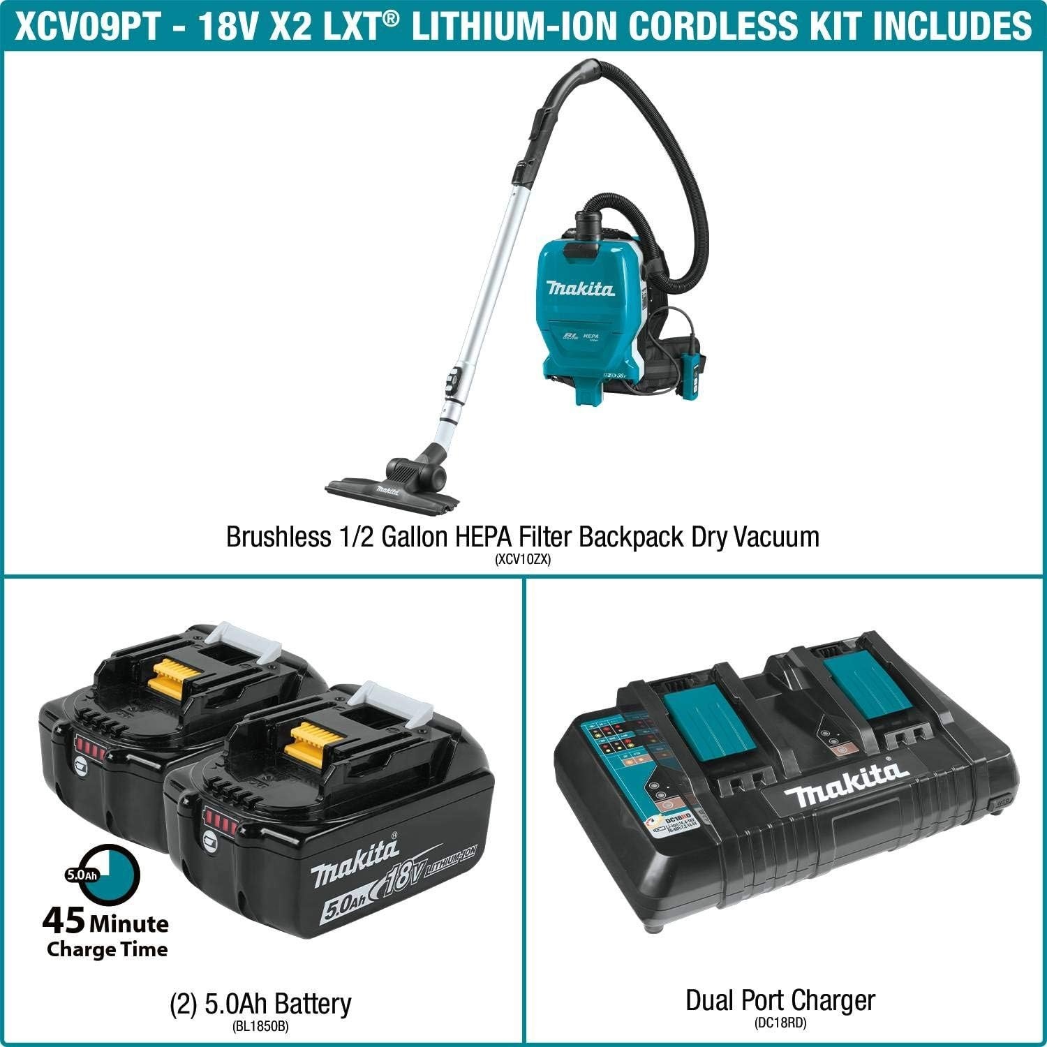 image:imageMakita XCV09PT 18V X2 LXT LithiumIon 36V Brushless Cordless 12 Gallon HEPA Filter Backpack Dry Vacuum Kit 50Ah