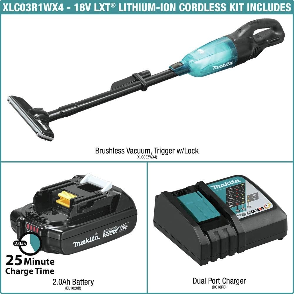 image:imageMakita XLC03R1WX4 18V LXT LithiumIon Compact Brushless Cordless Vacuum Kit Trigger WLock 20Ah WhiteWhite