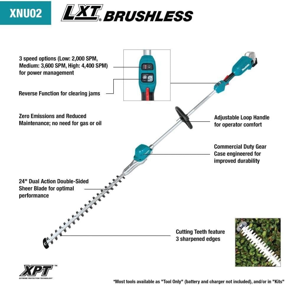 image:imageMakita XNU02T LithiumIon Brushless Cordless 50Ah 18V LXT 24 Pole Hedge Trimmer Kit TealPole Hedge Trimmer Kit