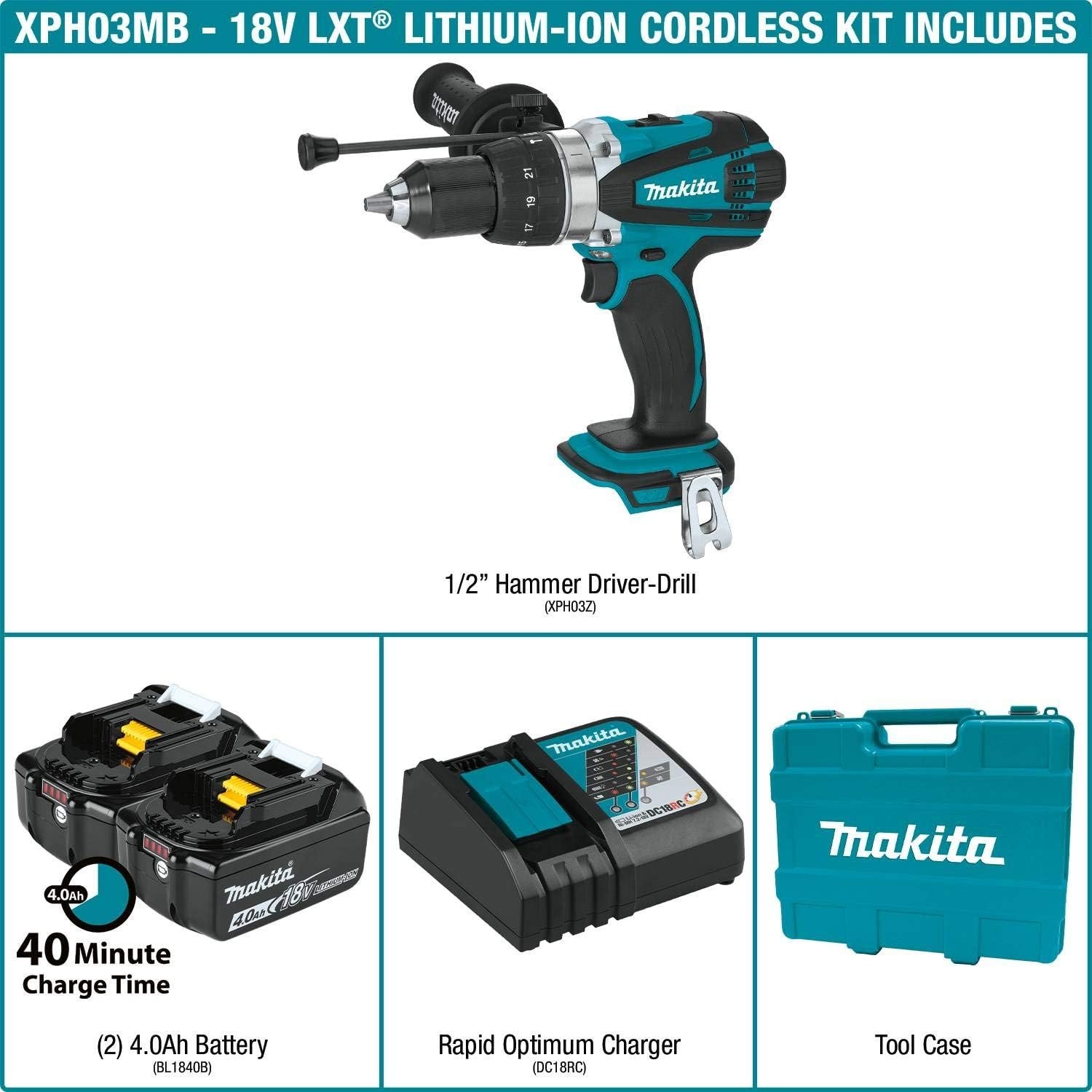 image:imageMakita XPH03MB 18V LXT LithiumIon Cordless 12 Hammer DriverDrill Kit 40Ah