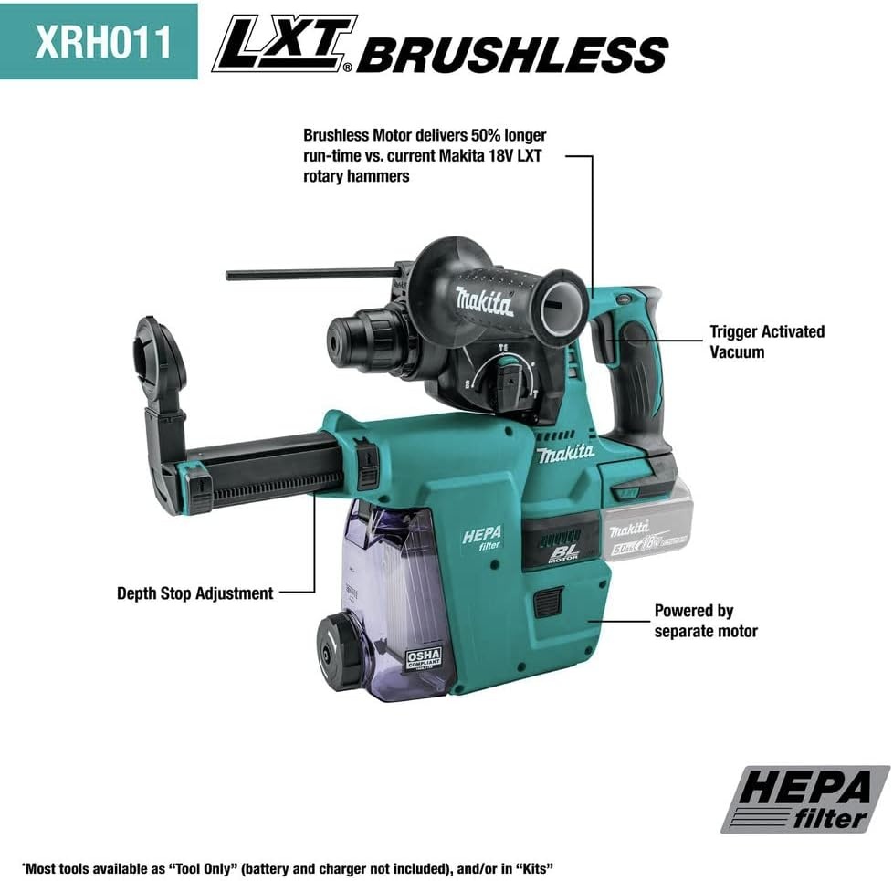 image:imageMakita XRH011TWX 18V LXT LithiumIon Brushless Cordless 1 Rotary Hammer Kit accepts SDSPLUS bits wHEPA Dust Extractor Attachment 50AhRotary Hammer