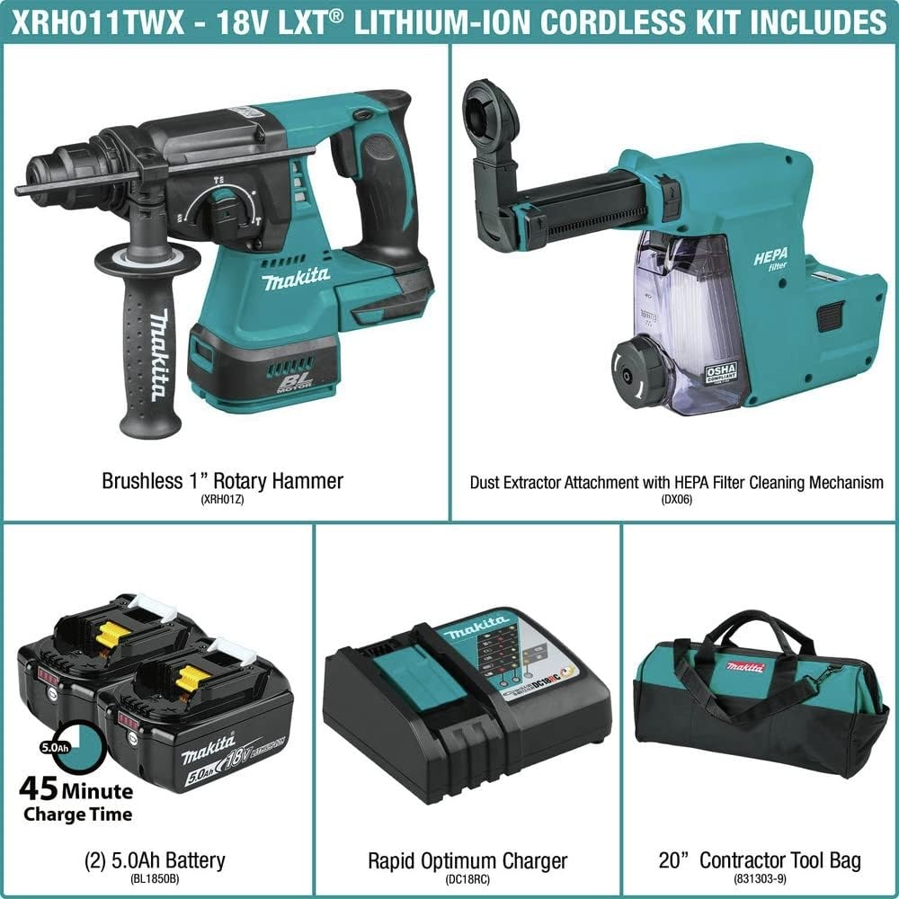 image:imageMakita XRH011TWX 18V LXT LithiumIon Brushless Cordless 1 Rotary Hammer Kit accepts SDSPLUS bits wHEPA Dust Extractor Attachment 50AhRotary Hammer