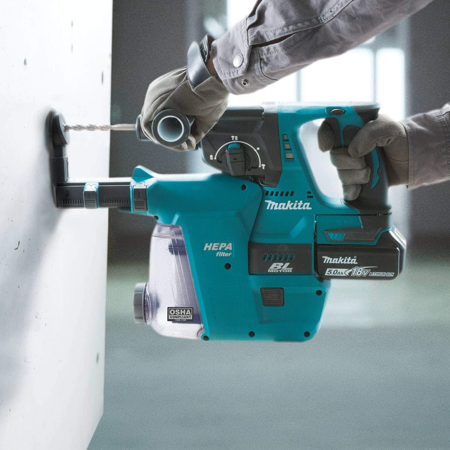 image:imageMakita XRH01ZWX 18V LXT LithiumIon Brushless Cordless 1 Rotary Hammer accepts SDSPLUS bits wHEPA Dust Extractor Attachment Tool OnlyHammer Only Dust Extraction