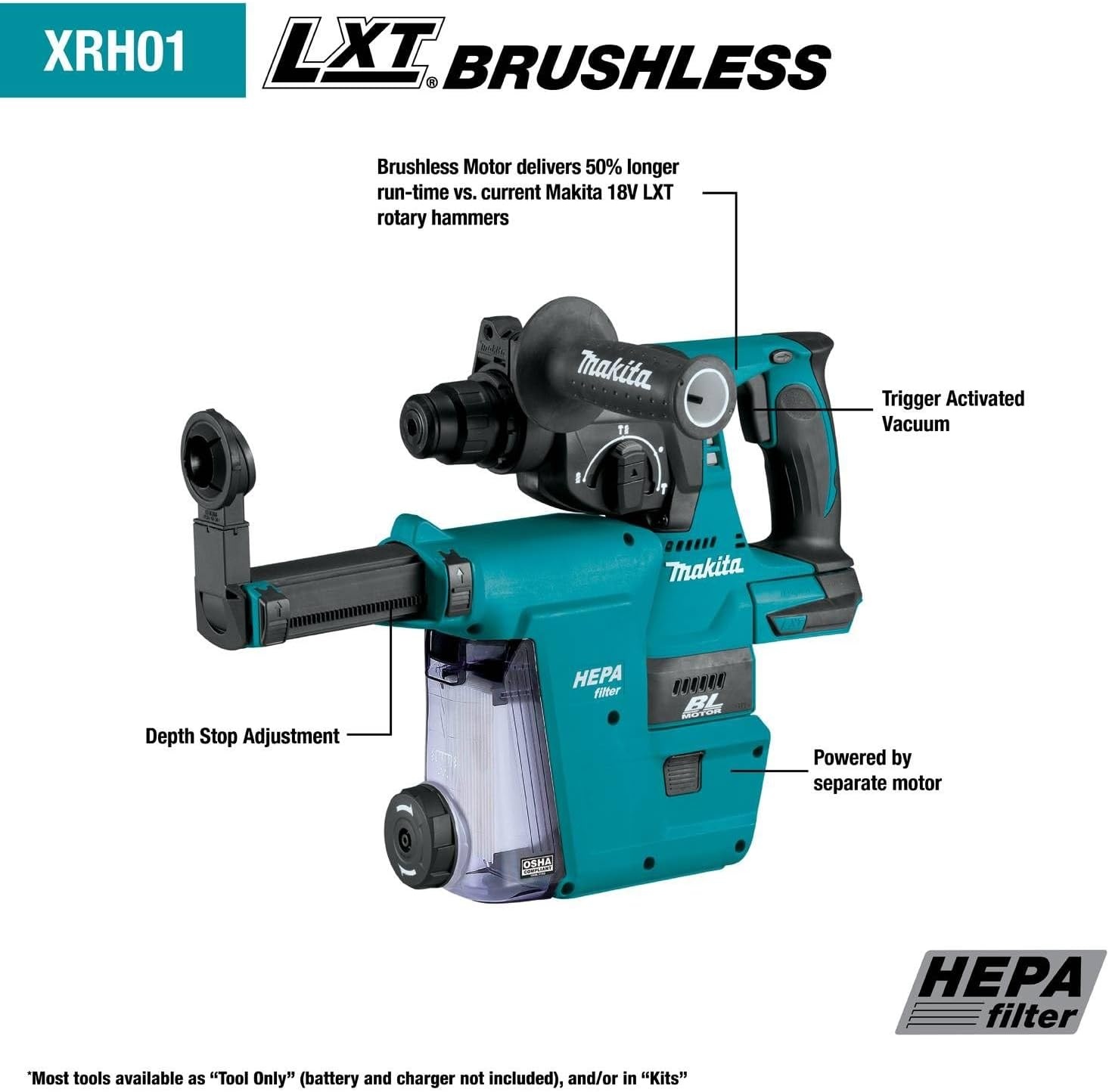 image:imageMakita XRH01ZWX 18V LXT LithiumIon Brushless Cordless 1 Rotary Hammer accepts SDSPLUS bits wHEPA Dust Extractor Attachment Tool OnlyHammer Only Dust Extraction
