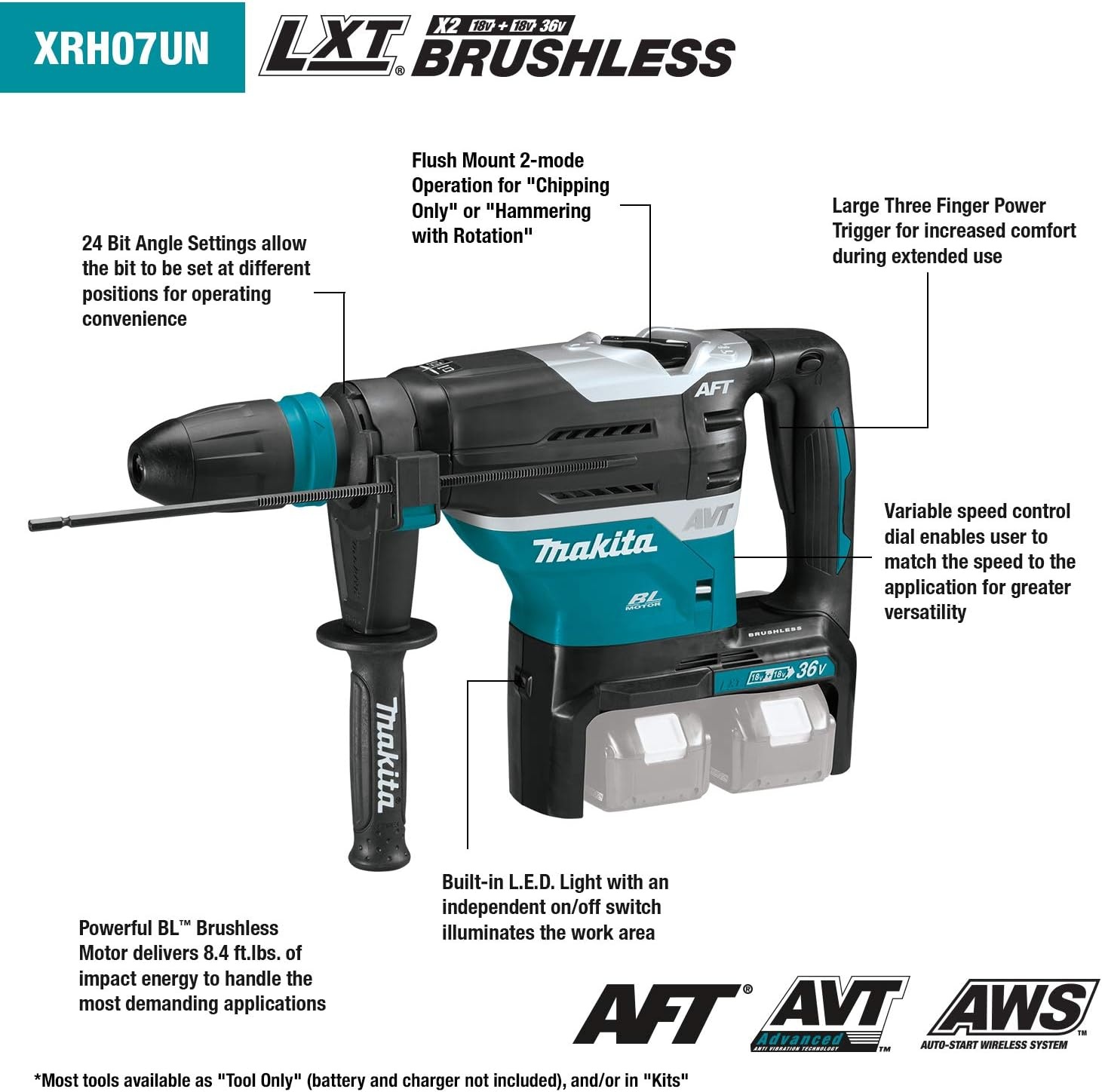 image:imageMakita XRH07ZKUN 36V 18V X2 LXT Brushless 1916 Advanced AVT Rotary Hammer SDSMAX AFT AWS Tool OnlyRotary Hammer Kit