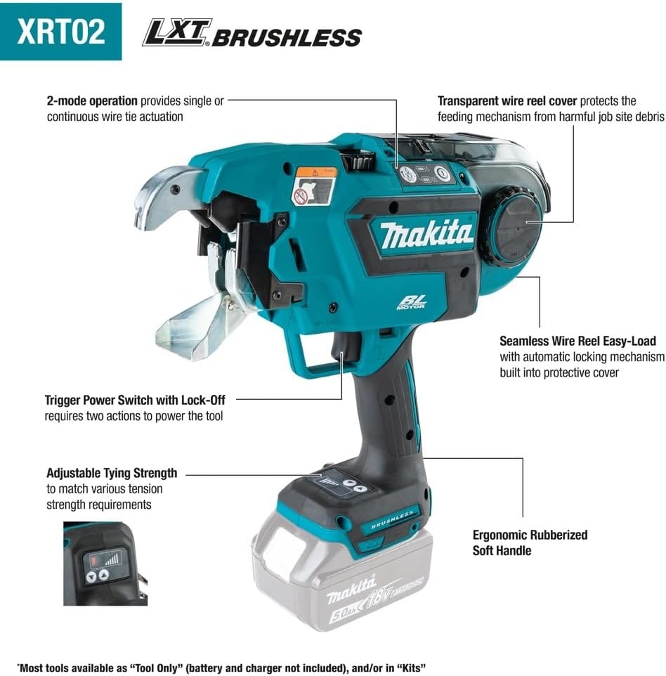 image:imageMakita XRT02TK 18V LXT LithiumIon Brushless Cordless Deep Capacity Rebar Tying Tool Kit 50Ah Includes XRT02ZK 2 BL1850B 50ah Batteries DC18RC Charger 4x48x7 Capacity 5 000 Ties and ChargeRebar Tyer