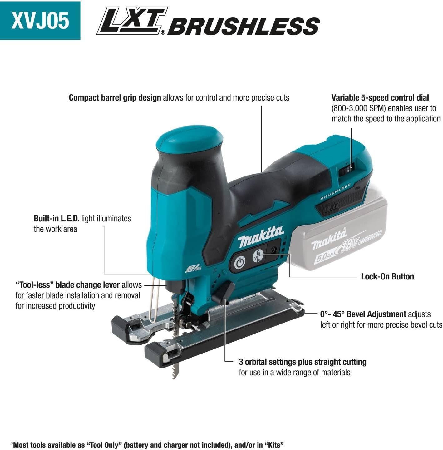 image:imageMakita XVJ05Z 18V LXT LithiumIon Brushless Cordless Barrel Grip Jig Saw Tool Only