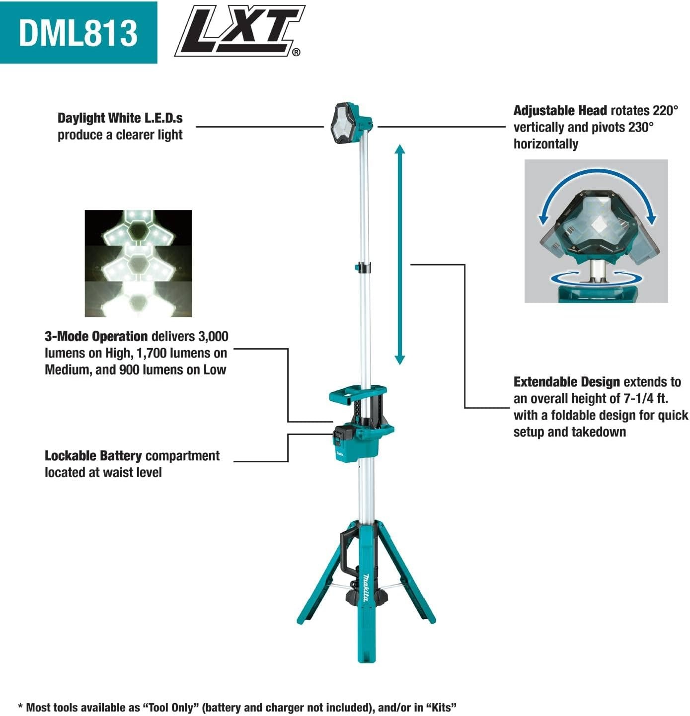 image:imageMakita DML813 18V LXT LithiumIon Cordless Tower Work Light Light Only Extends to 725 ft 220degree tilt IP55 resistance up to 10hour runtime bare unitWork Light