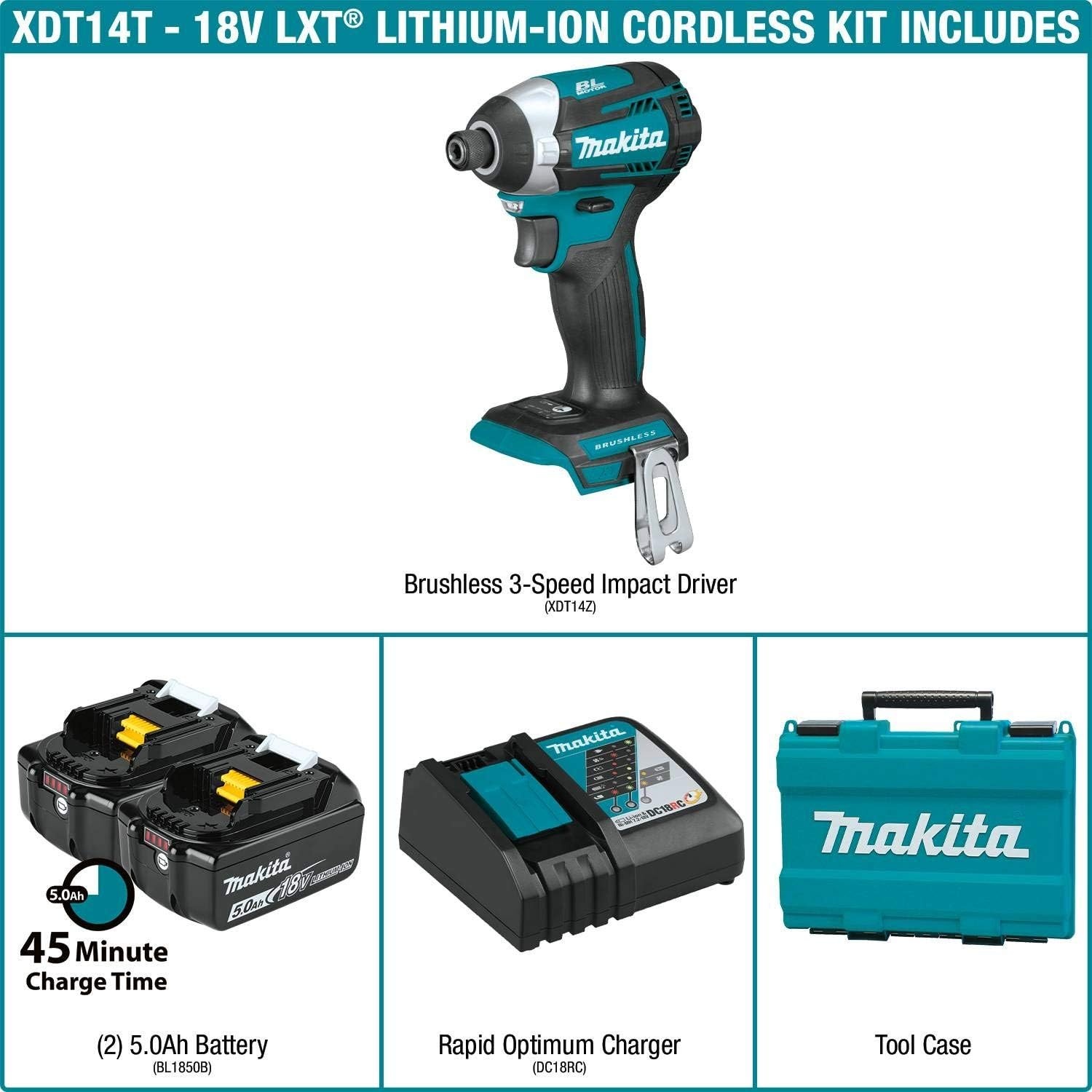 image:imageMakita XDT14T 18V LXT LithiumIon Brushless Cordless QuickShift Mode 3Speed Impact Driver Kit 50AhOne Size