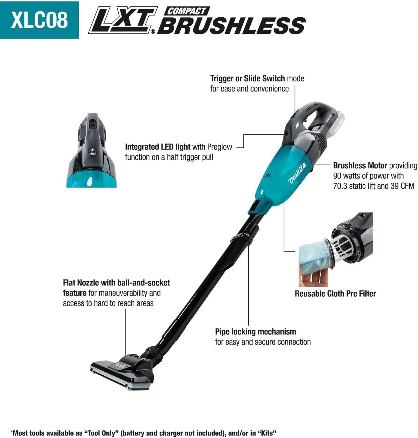 image:imageMakita XLC08ZB 18V LXT Lithiumion Compact Brushless Cordless Vacuum Trigger wLock Tool Only