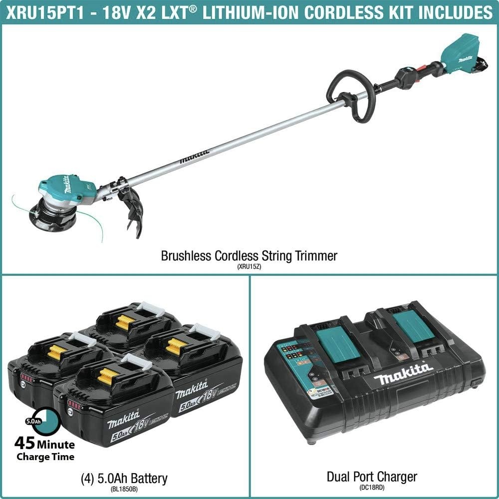 image:imageMakita XRU15PT1 36V 18V X2 LXT Brushless String Trimmer Kit with 4 Batteries 50AhTrimmer Kit 2 4 Batteries