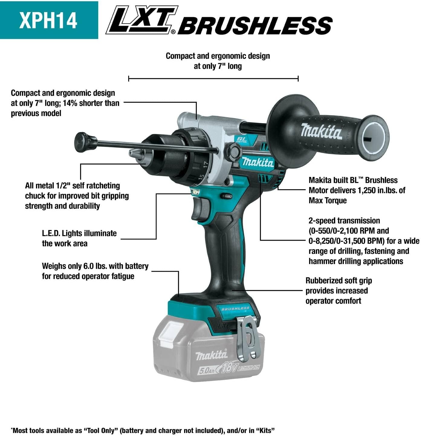 image:imageMakita XT288T 18V LXT LithiumIon Brushless Cordless 2Pc Combo Kit 50Ah Brushless motor 2100 RPM 1600 inlbCombo Kit